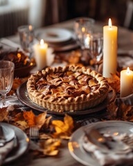 A cozy autumn table setting with rustic candles, golden leaves, and a freshly baked pie in the center,