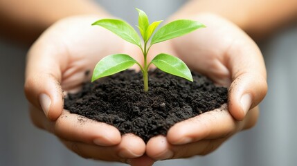 Hands gently hold a small green plant emerging from dark soil, symbolizing growth and hope
