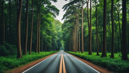 Obraz premium Tall green trees lining a rural road surrounded by lush foliage in a forest setting with clear sky and two lane pavement Copy Space