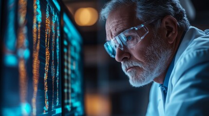 Senior researcher analyzing data on advanced technology in laboratory setting during evening hours