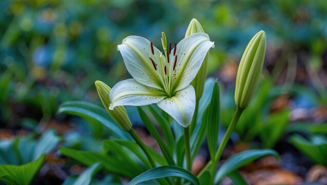 White lily flower in bloom with unopened buds on a blurred green background, natural environment, Copy Space available