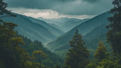 Misty mountain landscape with rain falling on lush green forests and rolling hills under dark cloudy skies Copy Space