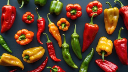 Vibrant assortment of colorful chili peppers showcasing various shapes and sizes on a dark background for culinary and food presentations