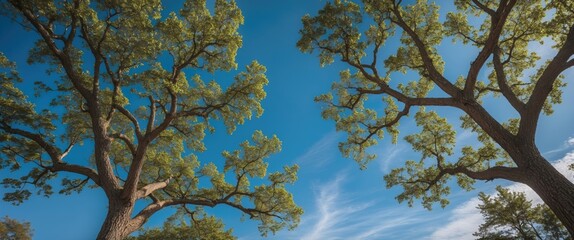 Fototapeta premium Trees with lush green foliage against a bright blue sky creating a vibrant natural landscape Copy Space