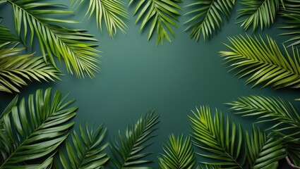 Tropical green palm leaves arranged on a dark green background with ample copy space for text placement