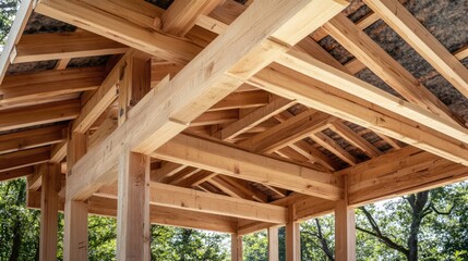 Fototapeta premium Roof structure with wooden rafters and insulation under construction