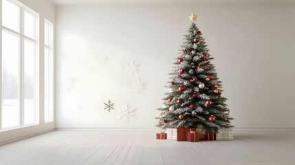 Decorated Christmas Tree with Ornaments Gifts and Star in Bright White Room Interior