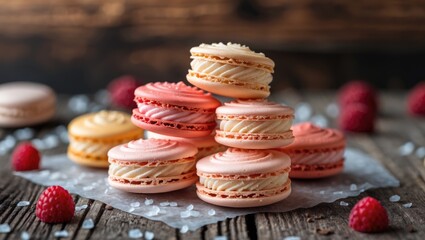 Fototapeta premium Colorful Macaroons Stacked on a Rustic Wooden Surface Surrounded by Raspberries and Sea Salt for a Gourmet Dessert Presentation.