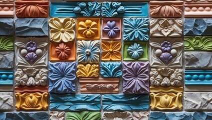 Fototapeta premium Vibrant decorative relief tiles resembling stone featuring intricate floral designs in various colors on a textured wall surface