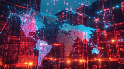 Fototapeta premium Global connectivity represented through a digital world map with vibrant colors and data patterns