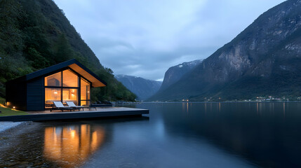 Obraz premium Lakeside cabin at dusk, mountain view, tranquil setting, vacation rental