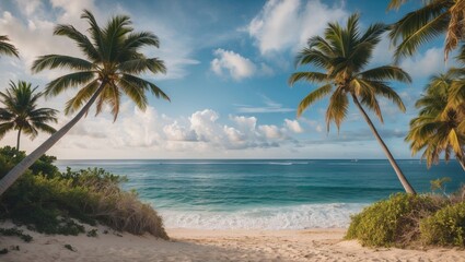 Obraz premium Tropical beach landscape with palm trees framing a serene ocean view and cloudy sky ideal for travel and nature themes Copy Space