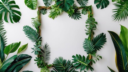 Tropical green leaf frame on white background with ample copy space for text insertion