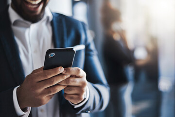 Phone, hands and business man typing for investment meme, funny joke and laugh at email message....