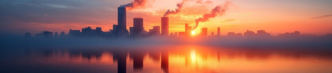 Fototapeta premium Industrial skyline with smoke at sunset over the water. Generative AI
