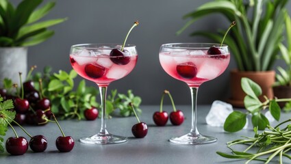 Cocktail glasses with cherry beverages garnished with fresh cherries surrounded by leafy greens and a gray background Copy Space