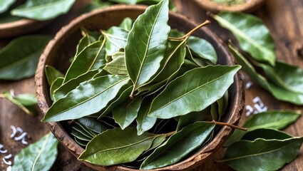 Dried Bay Leaves Displayed in Wooden Bowl Closeup of Aromatic Culinary Spice for Cooking and Flavoring Dishes