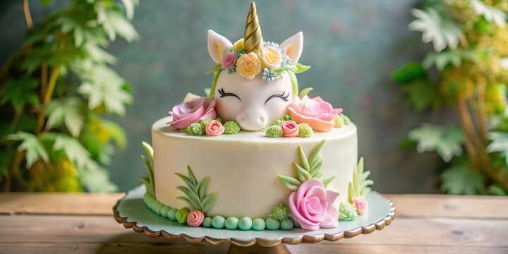 Unicorne de az?car recubierta con una capa fina y blanca de fondant sobre un fondo de tarta rellena de crema pastelera, rodeado por florales y hojas verdes , fondant, sugar