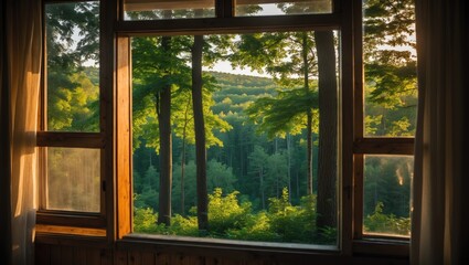 Sunlit forest view through a wooden window with greenery and trees during golden hour Copy Space