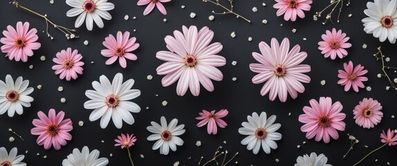 Colorful arrangement of pink and white flowers on black background with small delicate buds and copy space for text