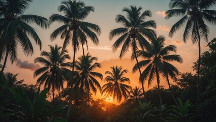 Obraz premium Tropical sunset with silhouetted palm trees against a colorful sky and lush greenery in the foreground Copy Space