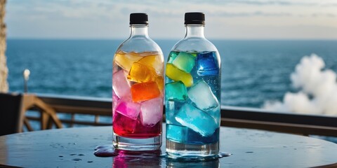 Obraz premium Two transparent bottles filled with colorful ice cubes standing on a table with ocean view in the background Copy Space