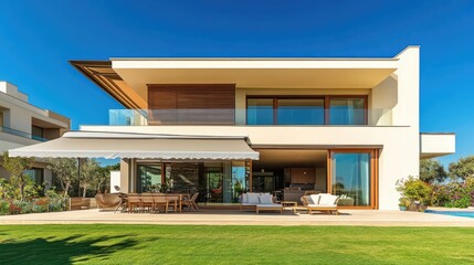 Stylish, durable acrylic awning over a modern home's exterior seating area