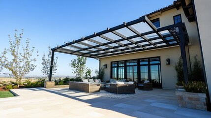 Stylish, durable acrylic awning over a modern home's exterior seating area