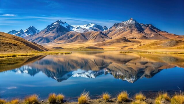 High-altitude Andean lake with reflections of surrounding mountains in Charcas region, San Luis Potos , wilderness
