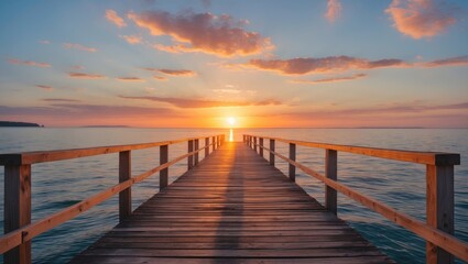 Obraz premium Wooden pier extending over calm water at sunset with colorful sky and clouds, perfect for nature backgrounds with Copy Space.