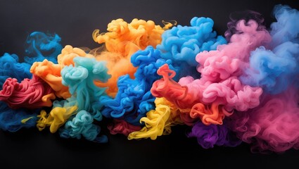 Vibrant abstract smoke patterns in a spectrum of colors against a black background creating a dynamic visual texture and artistic flair.