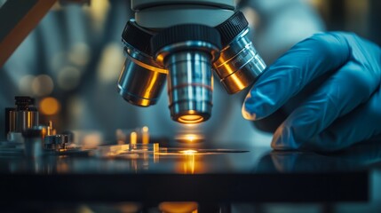 Microscope analysis at a research laboratory during a scientific investigation in the evening