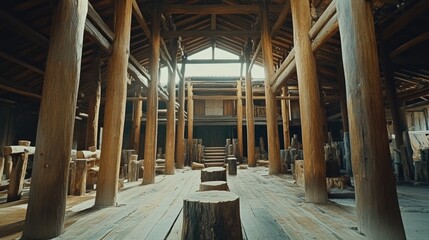 Fototapeta premium Traditional wooden house structure with heavy beams supporting the frame