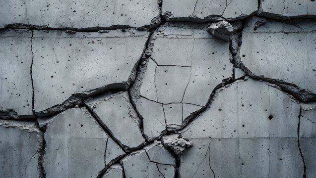 Cracked concrete wall texture with gray cement surface ideal for backgrounds or architectural design projects.