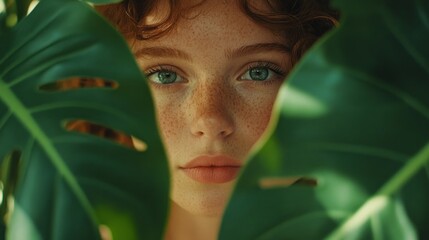 A young woman with vibrant green eyes and freckled skin peers through large tropical leaves, surrounded by nature's beauty. The warm sunlight highlights her delicate features