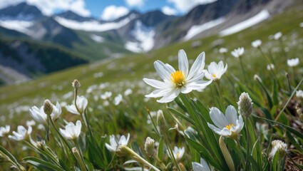 Mountain landscape with white flowers in foreground and snow-capped peaks in background under blue sky with clouds Copy Space