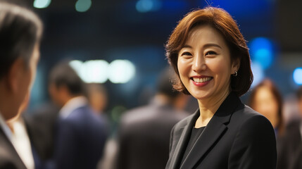 Obraz premium A cheerful Korean businesswoman engaging in a networking event, confidently interacting with colleagues in a professional conference setting. The modern venue, lively discussions,