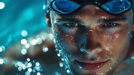a strong and athletic man training in a swimming pool wearing a cap and goggles focused on endurance performance and competitive fitness in an aquatic sport environment