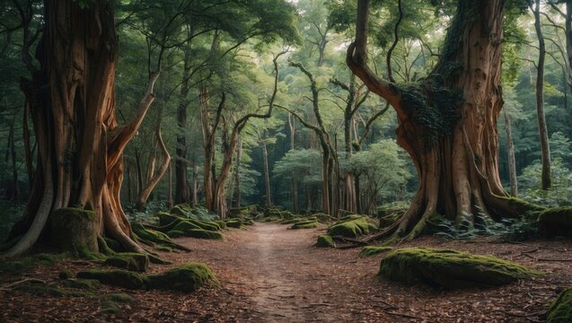 Mature forest setting with large trees covered in moss and a winding dirt path surrounded by lush vegetation and soft lighting Copy Space