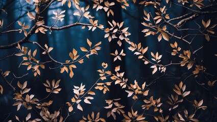 Obraz premium Autumn leaves on dark background with soft light filtering through trees creating a tranquil nature scene Copy Space