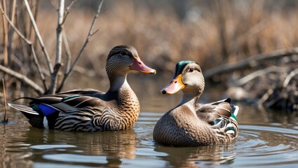 Obraz premium Pair of Mandarin ducks swimming in a tranquil pond surrounded by dry grasses and twigs with reflections on the water surface. Copy Space