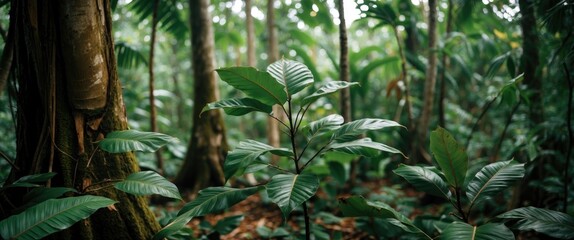 Obraz premium Lush green foliage in tropical rainforest with dense trees and vibrant plants in natural sunlight Copy Space