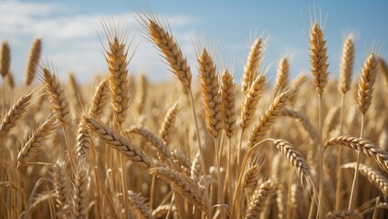 Fototapeta premium Golden Wheat Field with Blue Sky Agriculture Nature Landscape Copy Space
