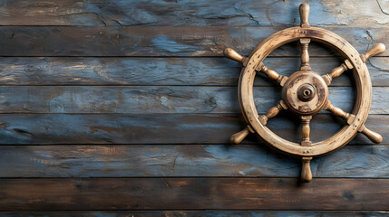 Obraz premium Wooden Steering Wheel Mounted On A Weathered Blue And Brown Planked Wall