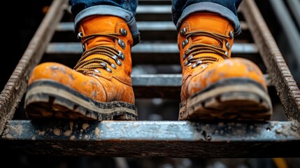 Dirty orange work boots on metal ladder.