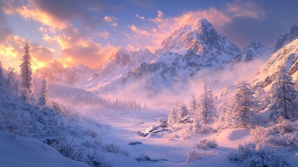 Obraz premium Snow-covered mountain landscape at sunset with vibrant colors and mist in the valley