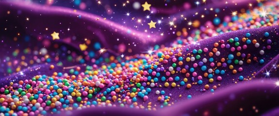 Colorful sprinkles and stars scattered on a rich purple fabric background creating a vibrant and whimsical festive atmosphere.