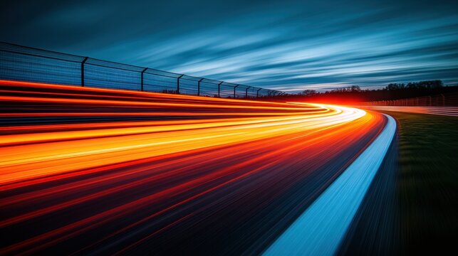 Fast race car light trails on a track at dusk.