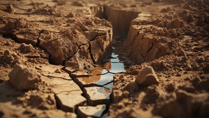 Drought affected loamy soil showing deep cracks and a small water channel in a dry landscape illustrating environmental change and aridity.