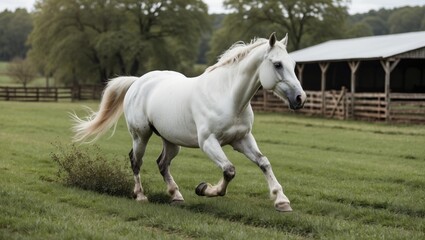 White horse running in a green pasture with trees and a barn in the background, nature scene with Copy Space